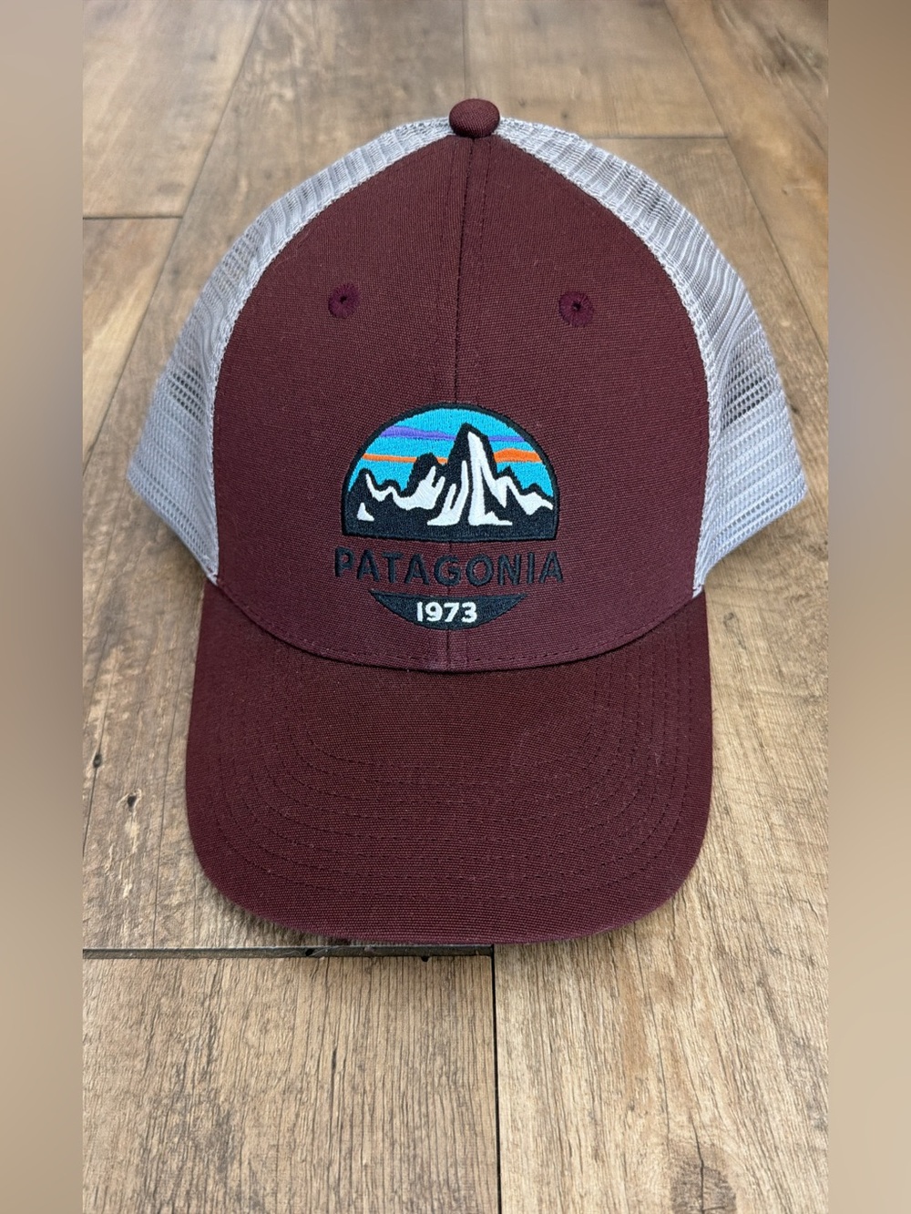 Patagonia Trucker Hat with 1973 Mountain Patch - Maroon & Gray